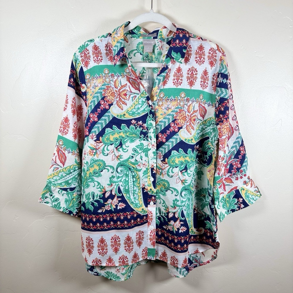 Chico's No Iron 100% Linen Button Shirt Women's 2 (12/14) Fusion Print Boho NWT